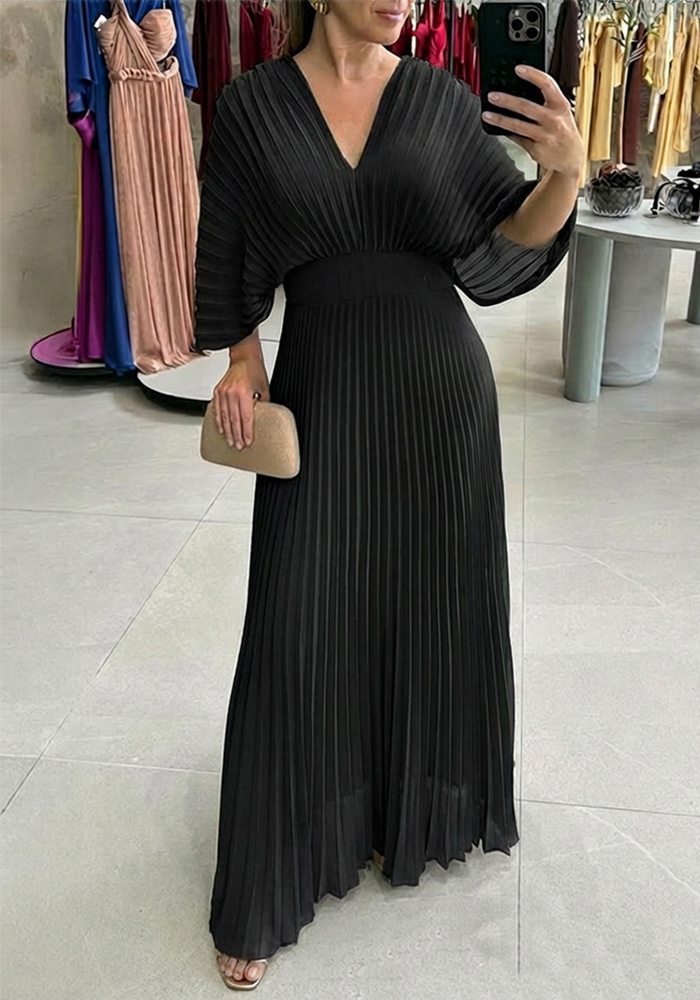 Pleated V-Neck Bell-Sleeve Dress