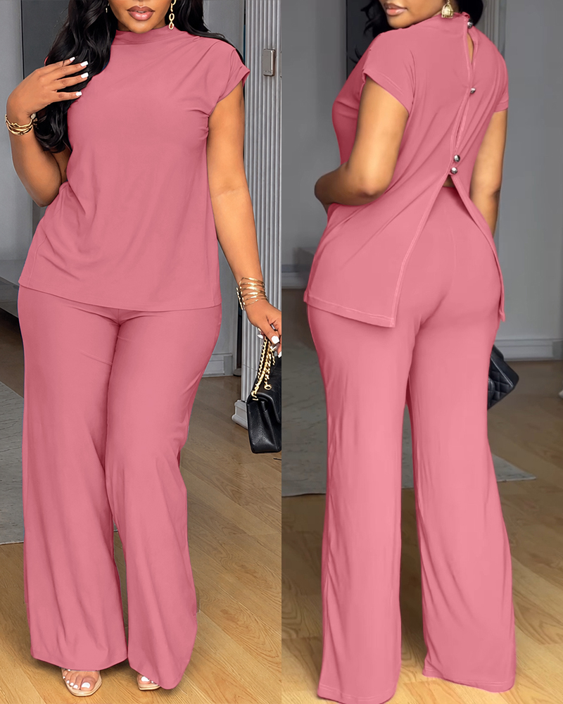 Stand Collar Top & Slit Wide-Leg Pants Two-Piece Set
