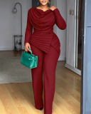 Women Turtleneck Pleated Top + Wide‑Leg Jumpsuit
