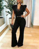 Women Casual V‑Neck Lace Patchwork Ruffled Lace‑Up Wide‑Leg Jumpsuit
