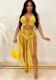 Women Tassel Beach Dress with Rose‑Pattern Bra Sexy Swimsuit Two‑Piece Set