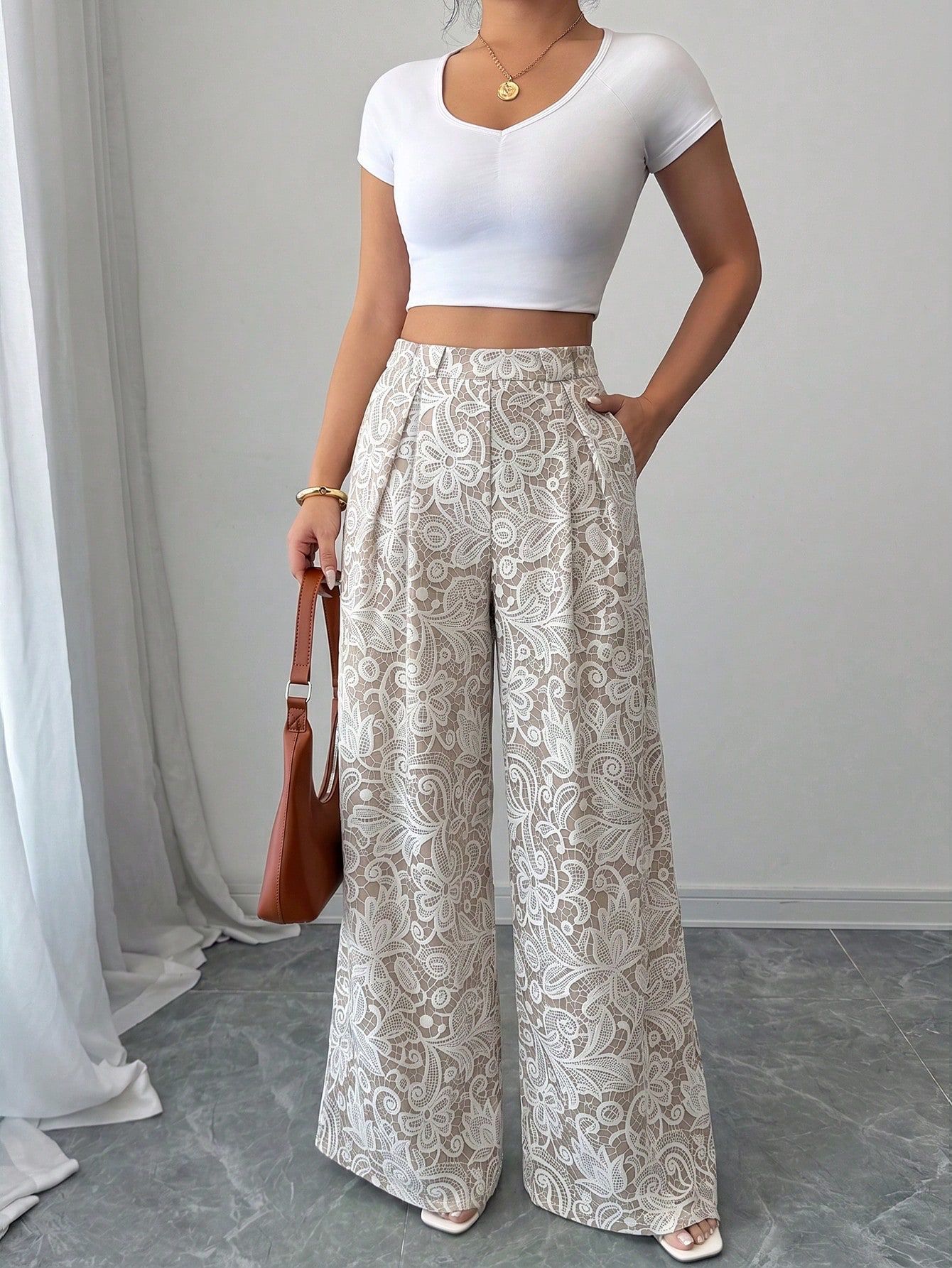 Pleated Lace Hollow-Out Wide-Leg Pants for Casual Wear