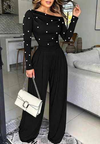 Women Slash‑Shoulder Pleated Beaded Long‑Sleeve Wide‑Leg Jumpsuit