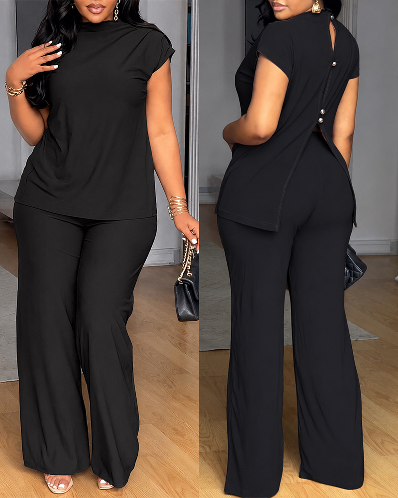 Stand Collar Top & Slit Wide-Leg Pants Two-Piece Set