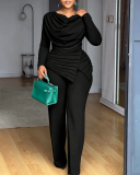 Women Turtleneck Pleated Top + Wide‑Leg Jumpsuit