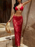 Women’s Sexy Red Lace See Through Halter Neck Bikini with Long Skirt Cover Up Three Piece Set