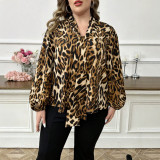 Plus Size Women Autumn Leopard‑Print Bow‑Tie Lantern‑Sleeve Top