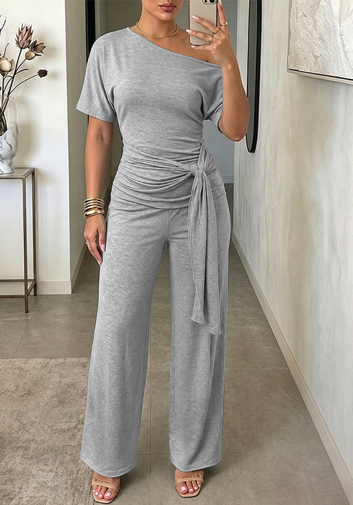 Slash-Shoulder Tie Top & Wide-Leg Pants Two-Piece Set
