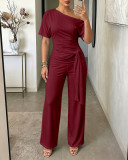 Women Slash‑Shoulder Tie Top & Wide‑Leg Pants Two‑Piece Set