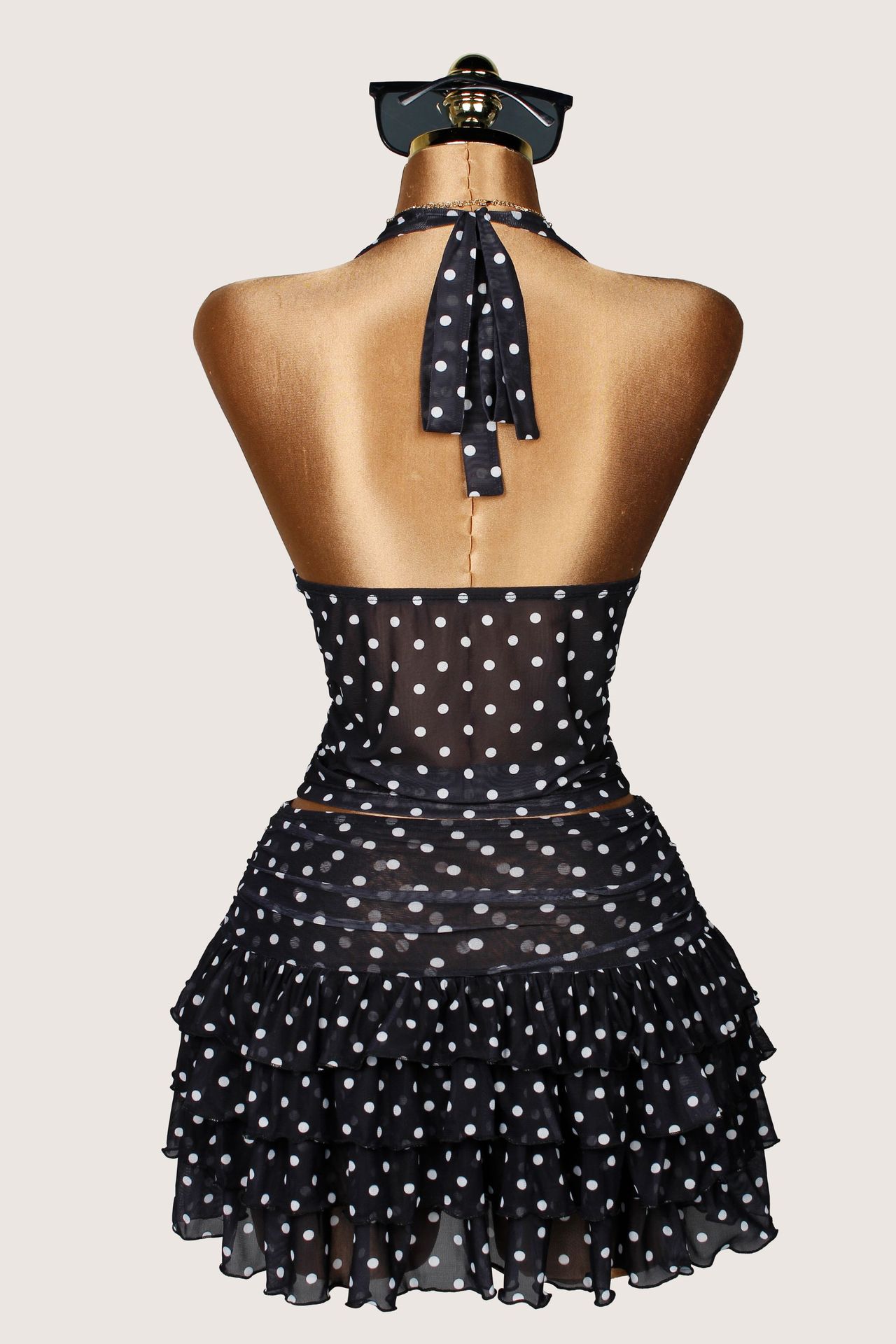 Polka-Dot Print Halter-Neck Backless Top & Skirt Two-Piece Set