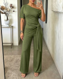 Women Slash‑Shoulder Tie Top & Wide‑Leg Pants Two‑Piece Set