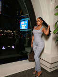 Women Leopard Jacquard Square‑Neck Sleeveless Bell‑Bottom Jumpsuit