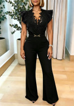 Women Casual V‑Neck Lace Patchwork Ruffled Lace‑Up Wide‑Leg Jumpsuit Women Casual V‑Neck Lace Patchwork Ruffled Lace‑Up Wide‑Leg Jumpsuit