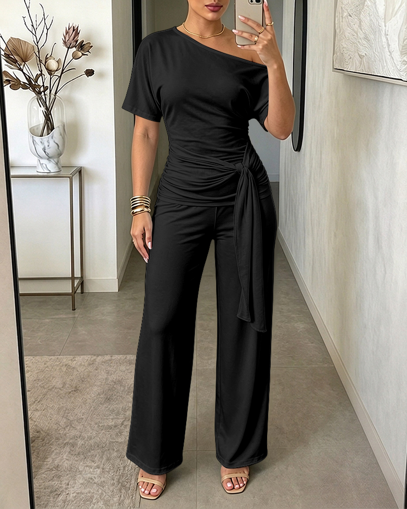 Slash-Shoulder Tie Top & Wide-Leg Pants Two-Piece Set