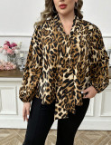 Plus Size Women Autumn Leopard‑Print Bow‑Tie Lantern‑Sleeve Top