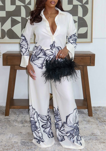 Women Textured Floral Shirt & Wide‑Leg Pants Two‑Piece Set