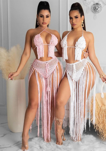 Women Tassel Beach Dress with Rose‑Pattern Bra Swimsuit Two‑Piece Set