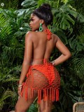Women’s Sexy Crocheted Bodysuit and Mesh Beach Cover Up Two Piece Set