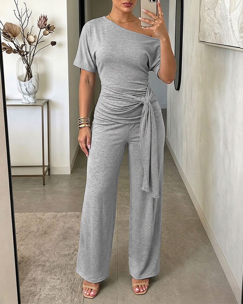 Slash-Shoulder Tie Top & Wide-Leg Pants Two-Piece Set