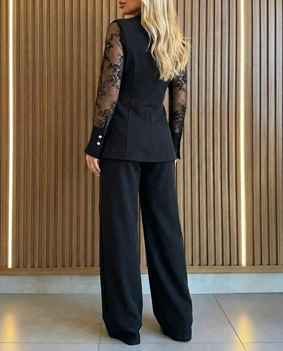 Black Lace Patchwork Blazer & Pants Two-Piece Set