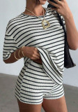 Women Summer Round‑Neck Patchwork Short‑Sleeve Top & Shorts Casual Two‑Piece Set