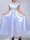 Women’s Fashion Solid Color Glossy Chic Elegant V Neck Short Sleeve Long Flare Dress