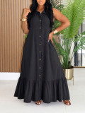 Women’s Holiday Summer Solid Color Turndown Collar Ruffle Hem Sleeveless Maxi Dress