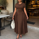 Summer Women’s Fashion Solid Color Short Sleeve Elegant Pleated Slim Waist Flare Maxi Dress
