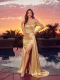Women’s Gold Off Shoulder Satin Pleated High Slit Mermaid Formal Party Evening Dress