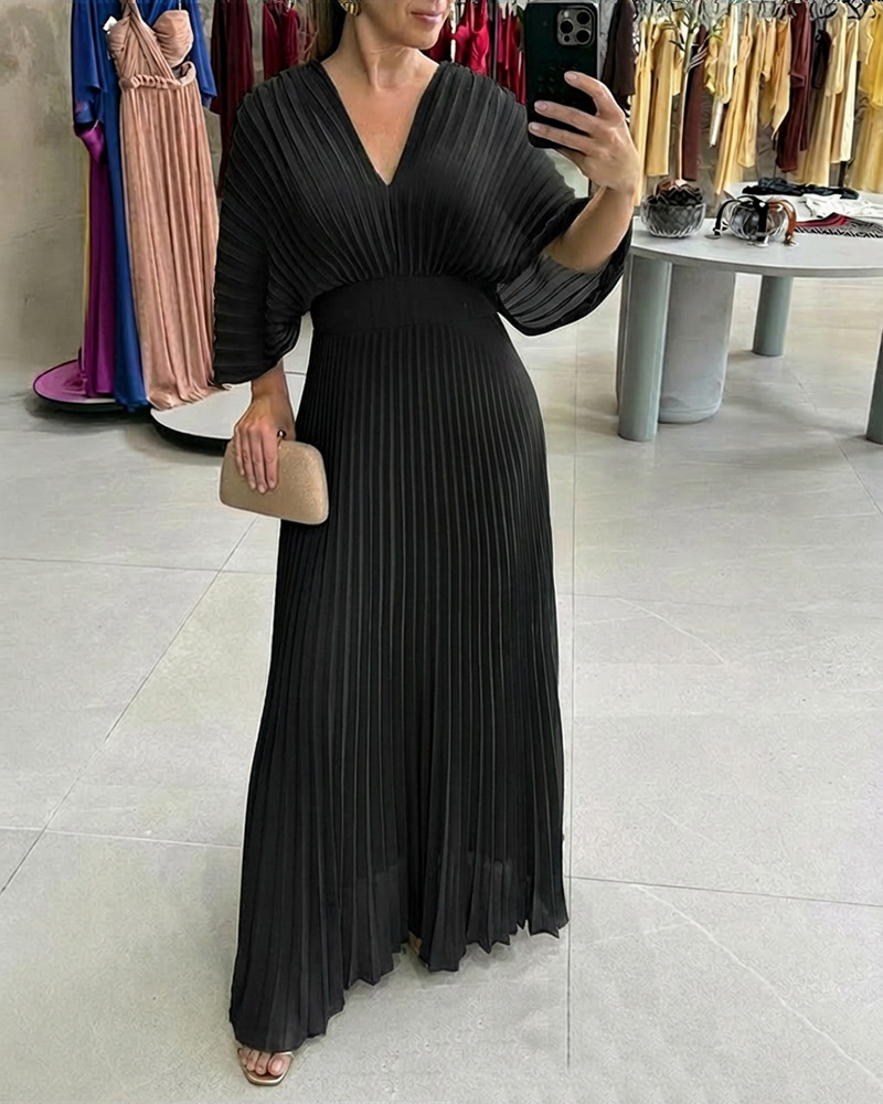 Pleated V-Neck Bell-Sleeve Dress
