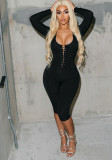 Women’s Autumn Sexy Square Neck Long Sleeve Lace Up Slim Fit Jumpsuit