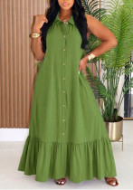 Women’s Holiday Summer Solid Color Turndown Collar Ruffle Hem Sleeveless Maxi Dress Women’s Holiday Summer Solid Color Turndown Collar Ruffle Hem Sleeveless Maxi Dress