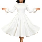 Plus Size Women’s Chic Elegant Mock Neck Long Sleeve Floral Sleeve A-line Midi Dress