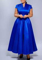 Women’s Fashion Solid Color Glossy Chic Elegant V Neck Short Sleeve Long Flare Dress Women’s Fashion Solid Color Glossy Chic Elegant V Neck Short Sleeve Long Flare Dress