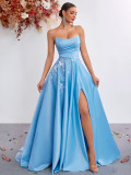 Women’s Elegant Strapless Slim Waist High Slit Blue Formal Party Evening Gown