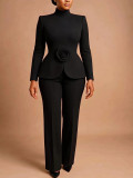 Women’s High Neck Floral Slim Waist Top Wide Leg Pants Chic Career Formal Party Two Piece Set