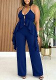 Women’s Holiday Casual Solid Color Halter Neck Irregular Top Slim Fit Wide Leg Pants Two Piece Set