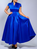 Women’s Fashion Solid Color Glossy Chic Elegant V Neck Short Sleeve Long Flare Dress