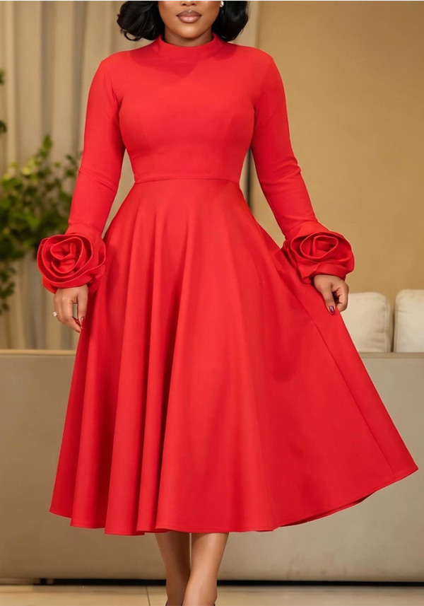 Plus Size Women’s Chic Elegant Mock Neck Long Sleeve Floral Sleeve A-line Midi Dress