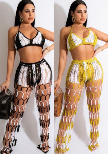 Women’s See Through Hollow Out Beach Crochet Color Block Fishnet Pants Two Piece Set