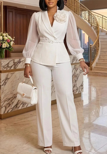 Plus Size Women’s Mesh Long Sleeve Floral Embellished Slim Waist Blazer Wide Leg Pants Two Piece Set