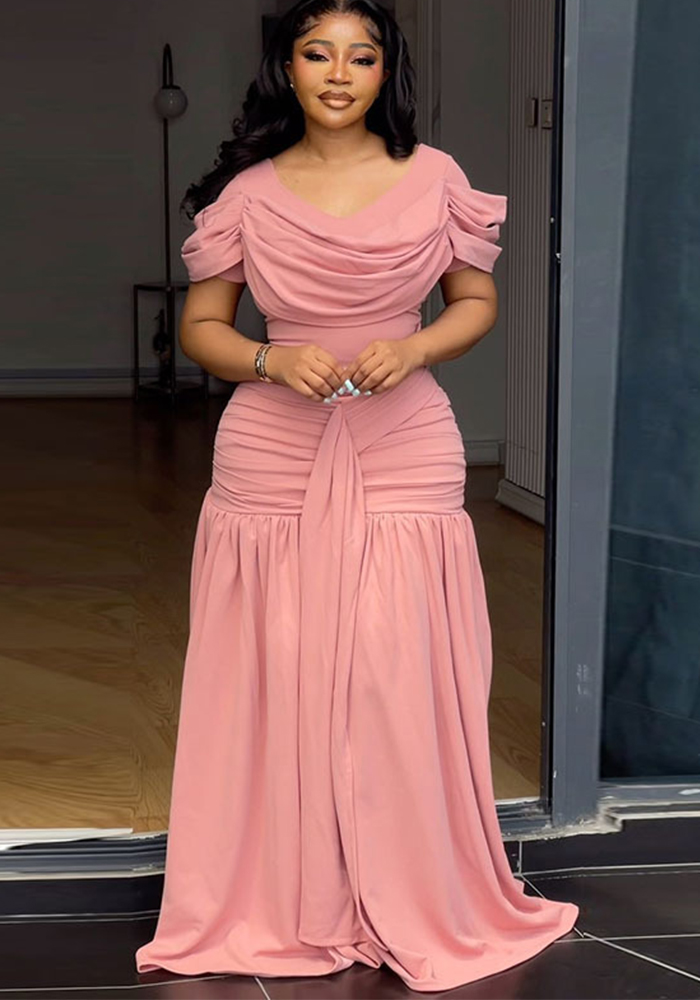 Solid Ruched Flare Maxi Dress for Autumn