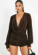 Autumn Women’s Solid Color Draped Deep V Neck Long Sleeve Top Three Quarter Shorts Set