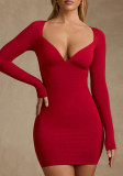 Women’s Red V Neck Long Sleeve Bodycon Mini Dress