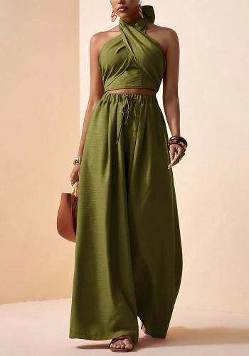 Holiday Women’s Casual Halter Neck Cross Front Low Back Crop Top Wide Leg Pants Two Piece Set