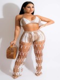 Women’s See Through Hollow Out Beach Crochet Color Block Fishnet Pants Two Piece Set