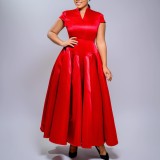 Women’s Fashion Solid Color Glossy Chic Elegant V Neck Short Sleeve Long Flare Dress