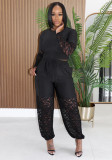 Women’s See Through Lace Patchwork Long Sleeve Top Slim Fit Jogger Pants Two Piece Set