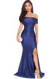Solid Color Off Shoulder Slit Evening Dress