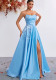 Women’s Elegant Strapless Slim Waist High Slit Blue Formal Party Evening Gown